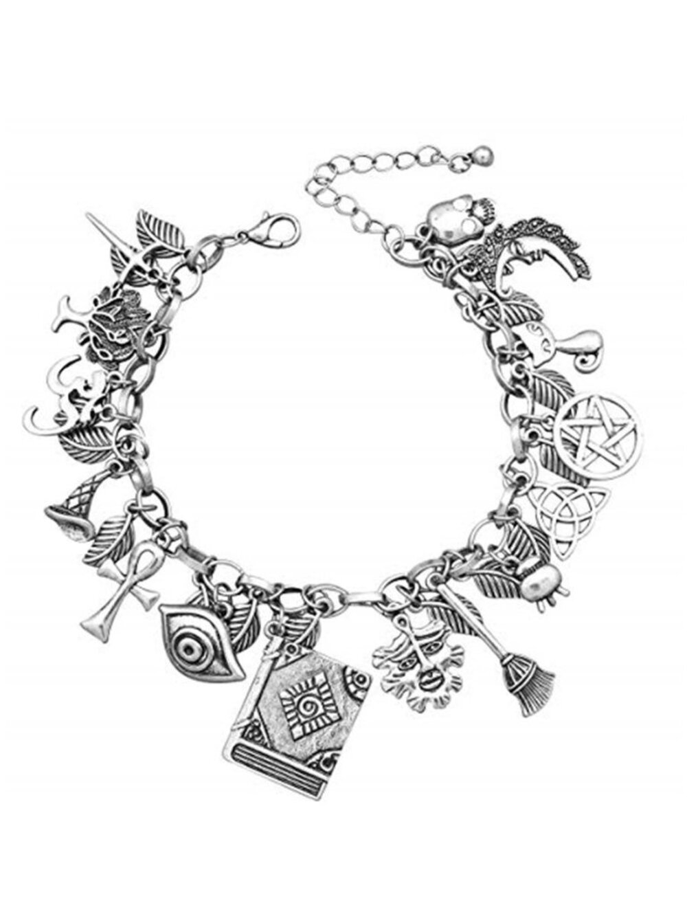 Silver Charm Bracelet Witch Celtic Pentagram Moon Skull Evil Eye Tree Of Life